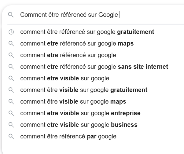 Auto-complétion google pour la requête "comment être référencé sur google gratuitement"