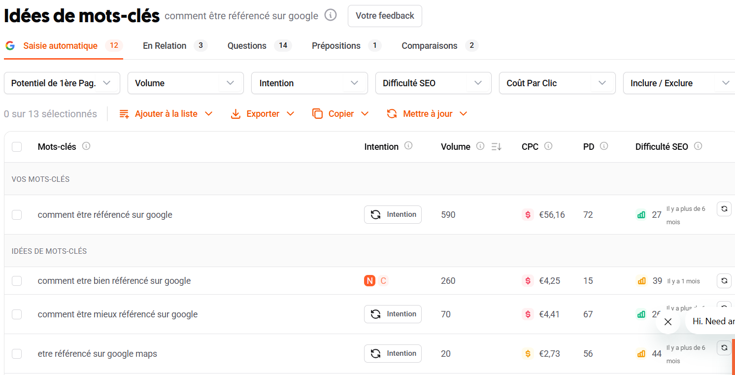 Recherche de mots-clés sur Ubersuggest pour la requête "comment être référencé sur google gratuitement"