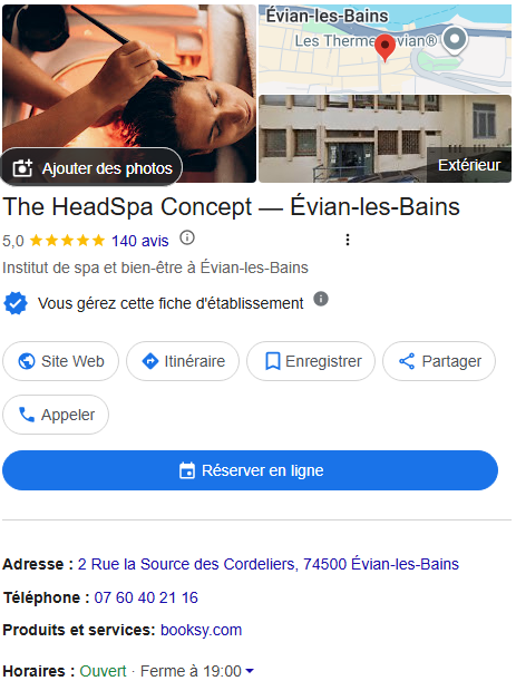 Fiche d'établissement Google de The HeadSpa Concept, cliente de Anaëlle Adam