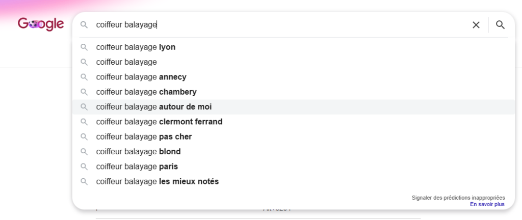 Suggestions Google pour le mot-clé "coiffeur balayage"