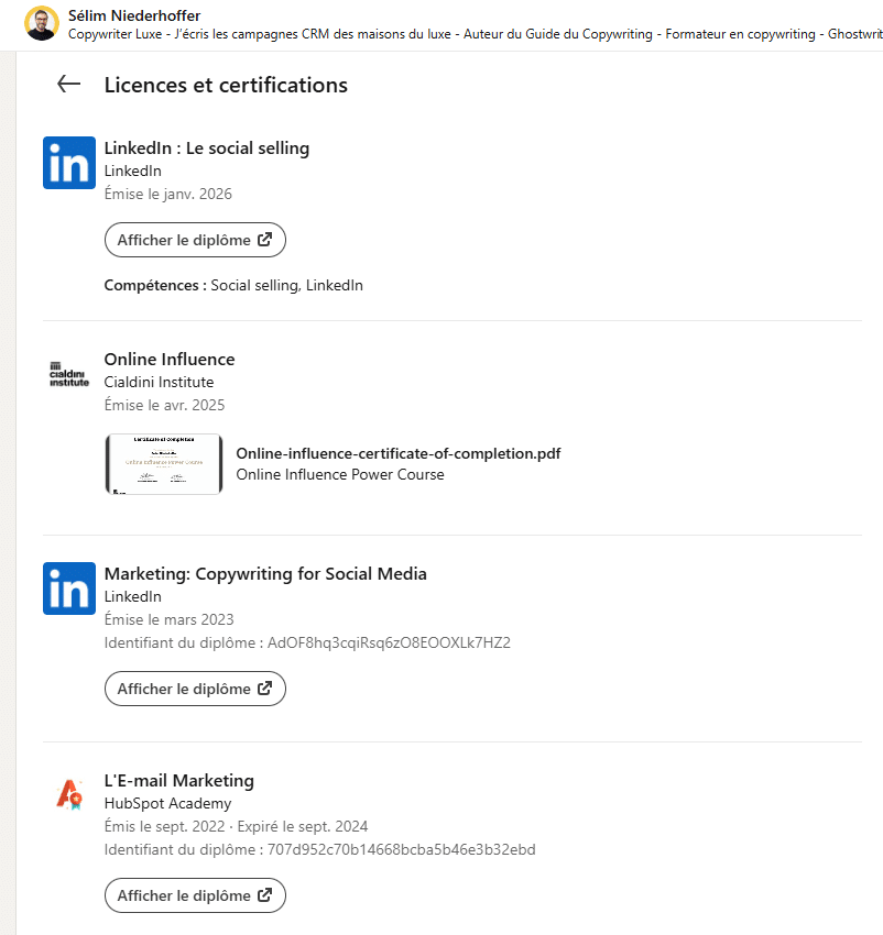 Certifications de Sélim Niederhoffer, meilleur copywriter de France